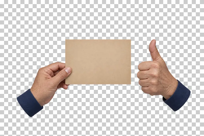 One adult hand holding a blank kraft sheet beside a second hand giving a thumbs-up.
