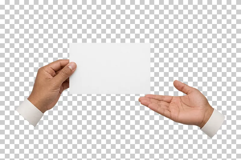 One adult hand holding a blank white sheet beside a second open presenting palm.