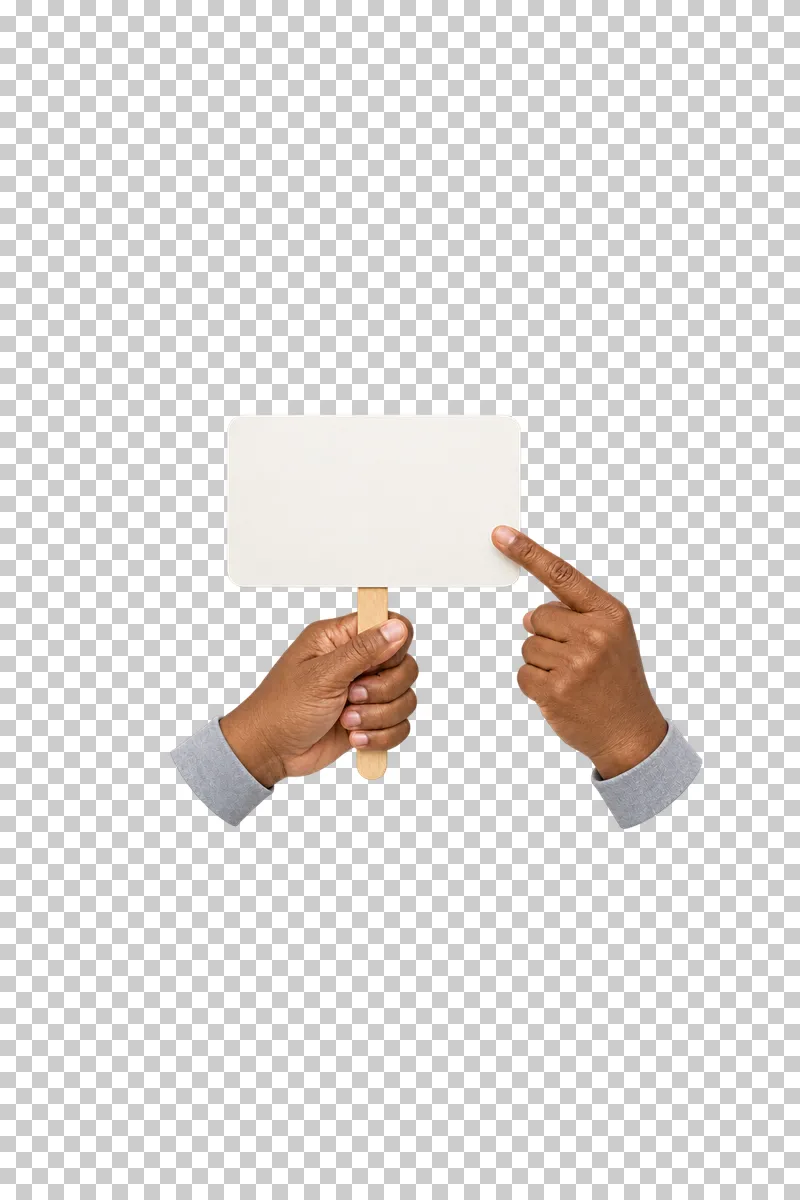 One adult hand holding a cream sign by its wooden handle while a second index finger points at the sign.