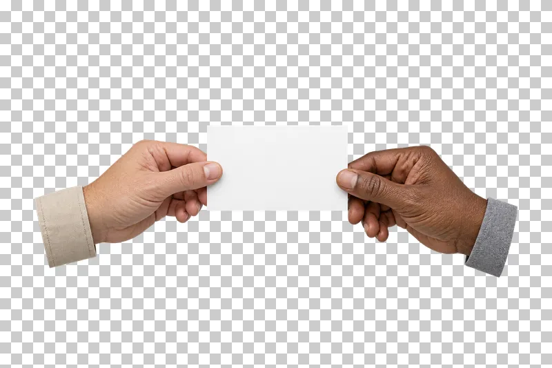 Two adult hands with different skin tones passing a single blank white card.