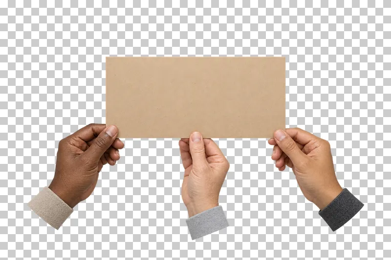 Three separate adult hands supporting the lower edge of one wide blank kraft board.