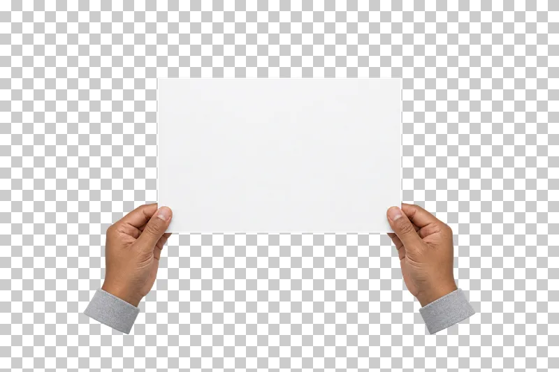 Two adult hands holding one large blank white sheet by its lower corners.