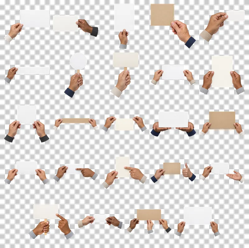 Hands Holding Blank Signs PNG Collection: all 24 elements in one grid