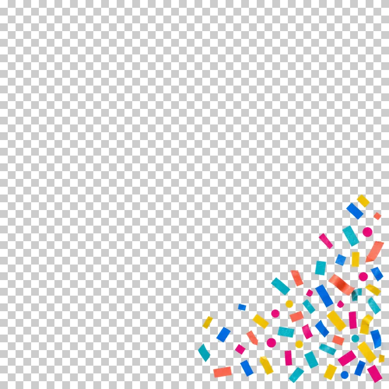 Matte colored paper confetti sweeping across the lower-right corner. The remaining content area and all gaps are transparent.