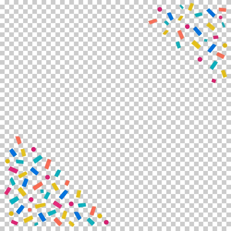 Matte colored paper confetti in the upper-right and lower-left corners. The remaining content area and all gaps are transparent.