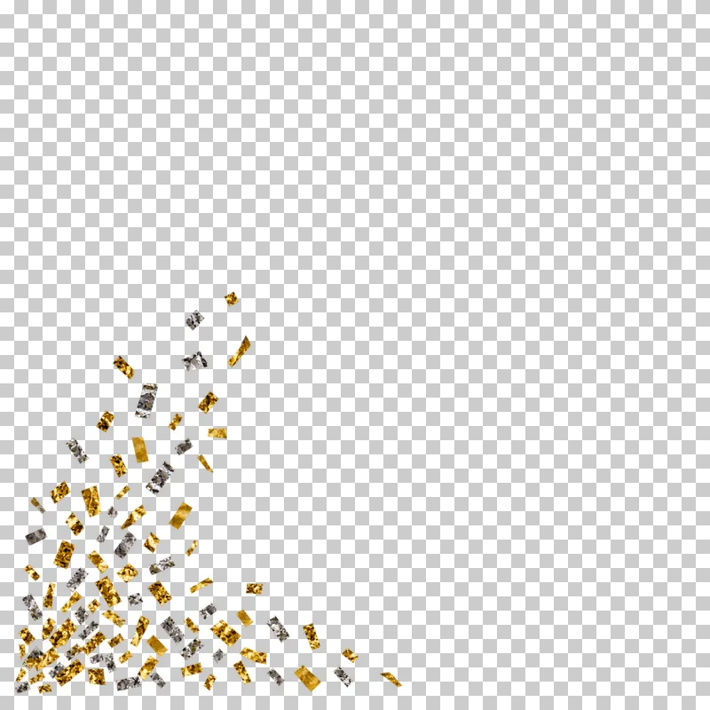 Gold and silver foil confetti bursting diagonally from the lower-left corner. The remaining content area and all gaps are transparent.