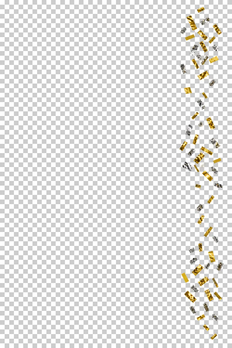Gold and silver foil confetti cascading vertically along the right side. The remaining content area and all gaps are transparent.