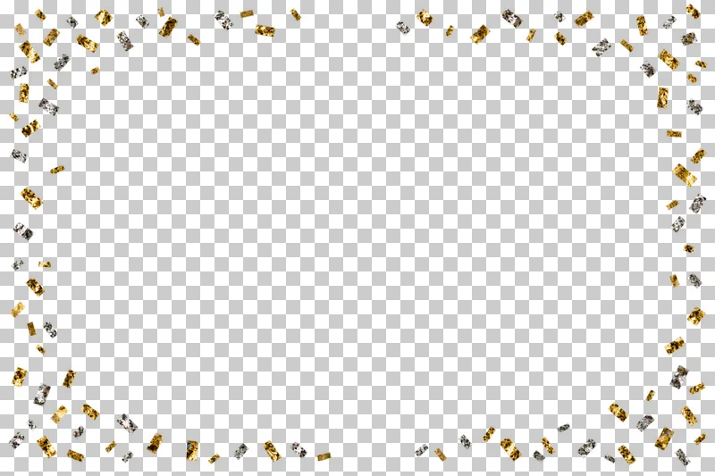 Gold and silver foil confetti forming an airy frame for a horizontal announcement. The remaining content area and all gaps are transparent.