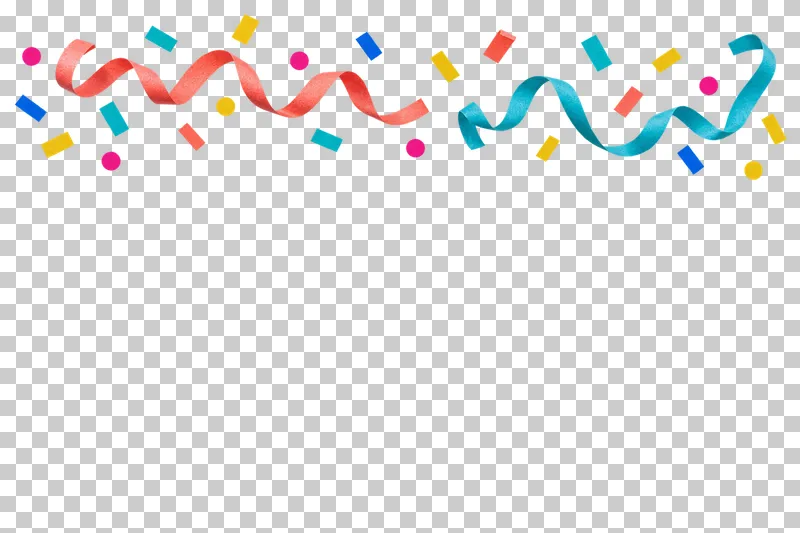 Two thin coral and turquoise paper streamers with sparse confetti above a headline. The remaining content area and all gaps are transparent.