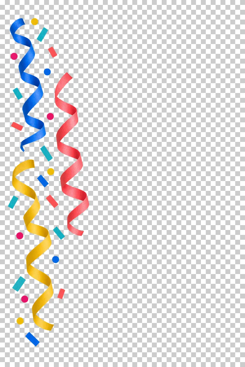 Thin cobalt, coral and yellow paper streamers cascading along the left side. The remaining content area and all gaps are transparent.