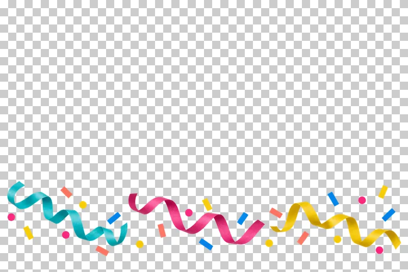 Three thin curled paper streamers with sparse confetti forming a bottom garland. The remaining content area and all gaps are transparent.