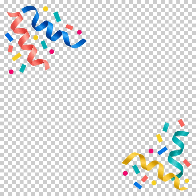 Thin curled paper streamers and sparse confetti in two opposing corners. The remaining content area and all gaps are transparent.