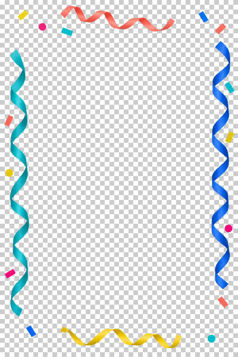Four thin paper streamers with sparse confetti forming a loose portrait frame. The remaining content area and all gaps are transparent.