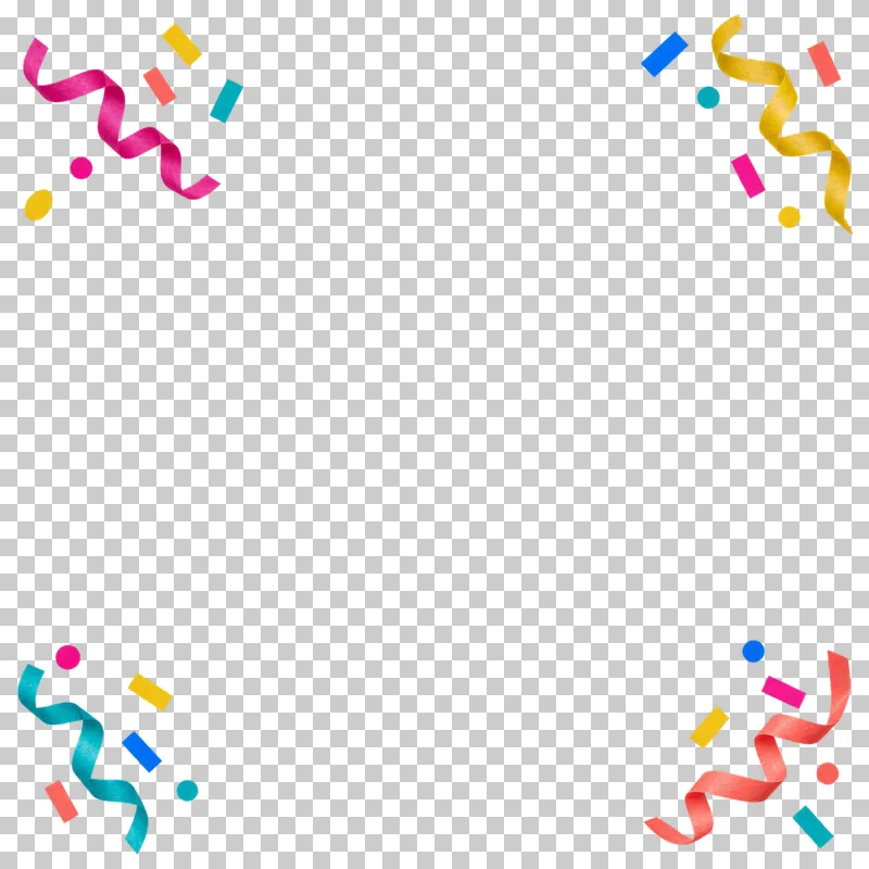 Four thin paper streamers with sparse confetti forming a loose square frame. The remaining content area and all gaps are transparent.