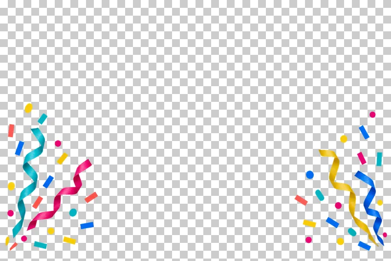 Four thin paper streamers and sparse confetti bursting from the lower sides. The remaining content area and all gaps are transparent.