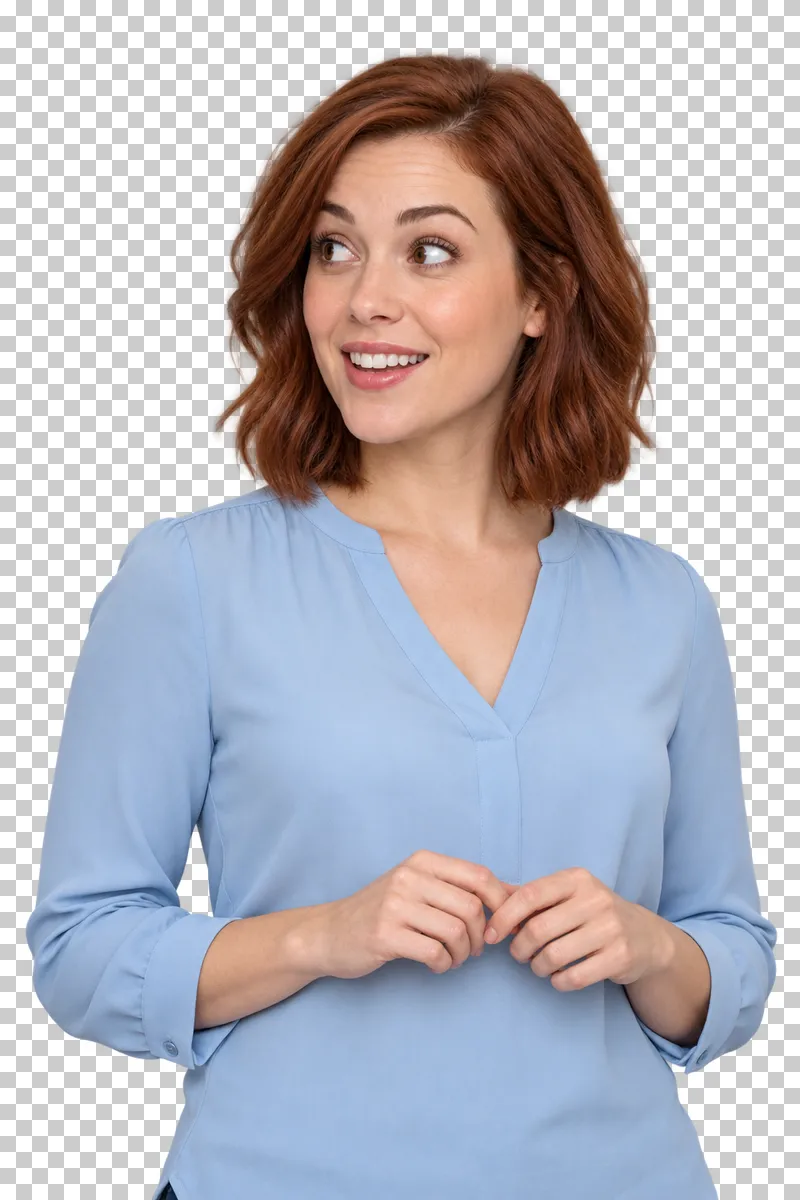 An auburn-haired woman in a light blue blouse looking to the left with interest.