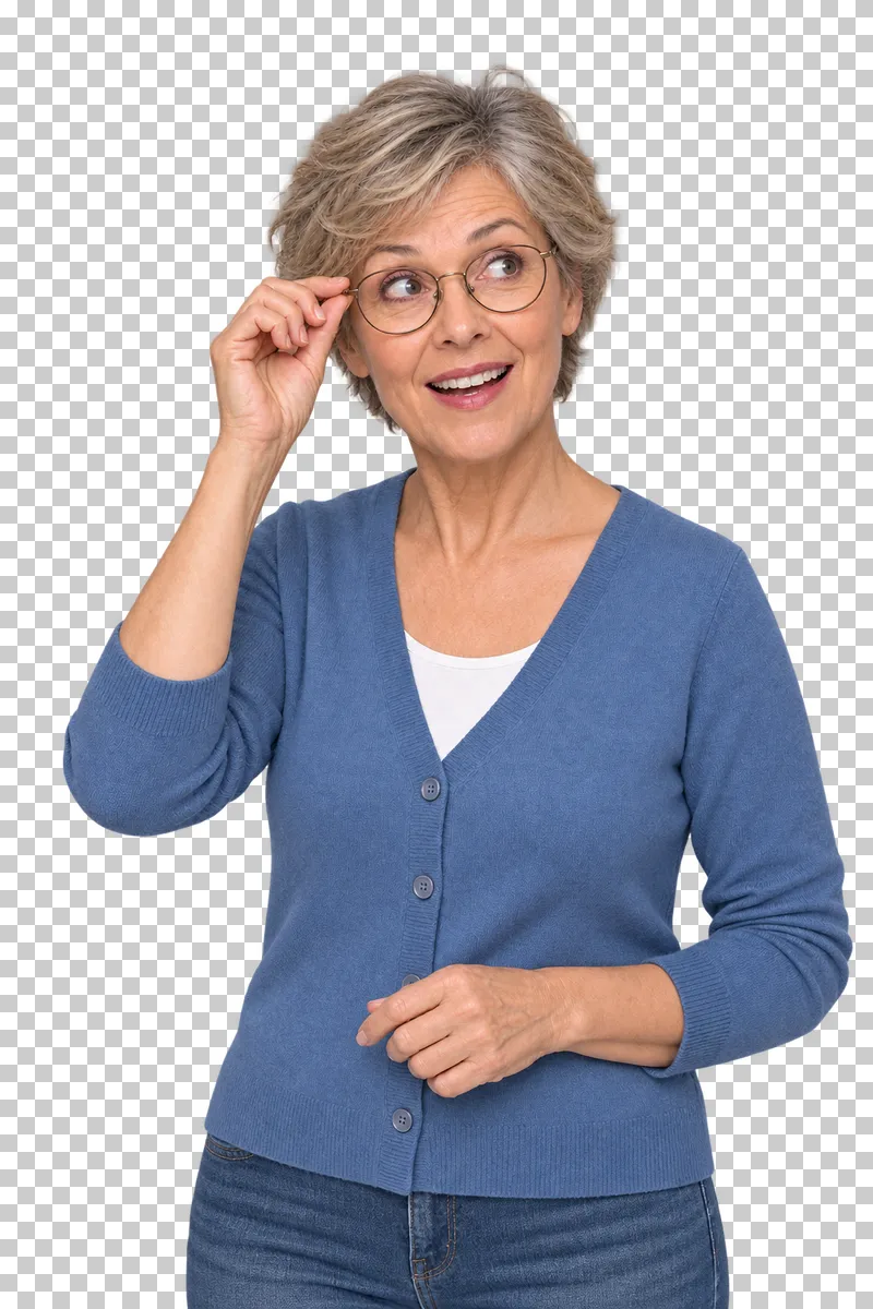 A silver-haired woman in a blue cardigan holding the temple of her glasses with an attentive smile.