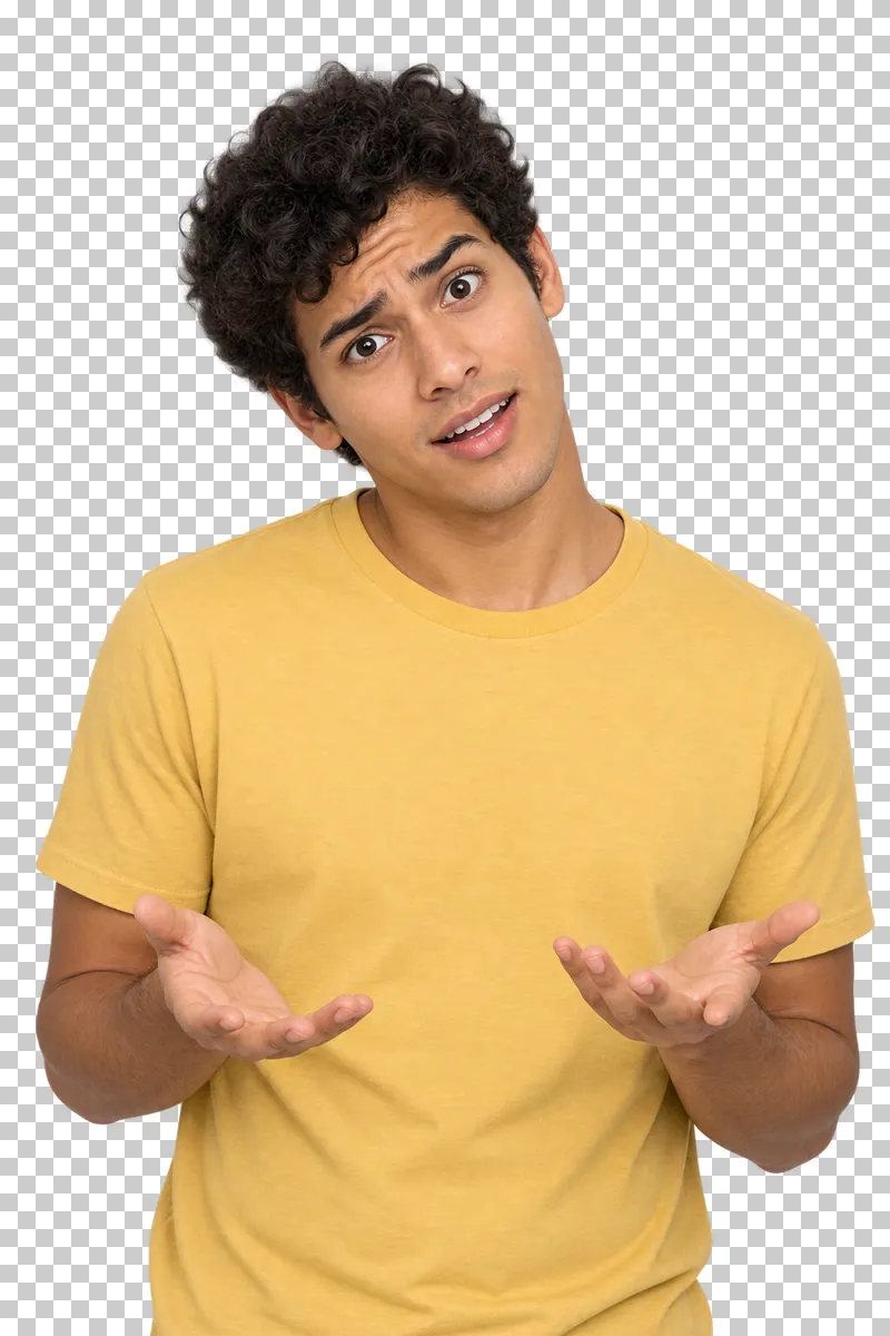 A young man in a yellow T-shirt tilting his head and showing open palms with a questioning expression.