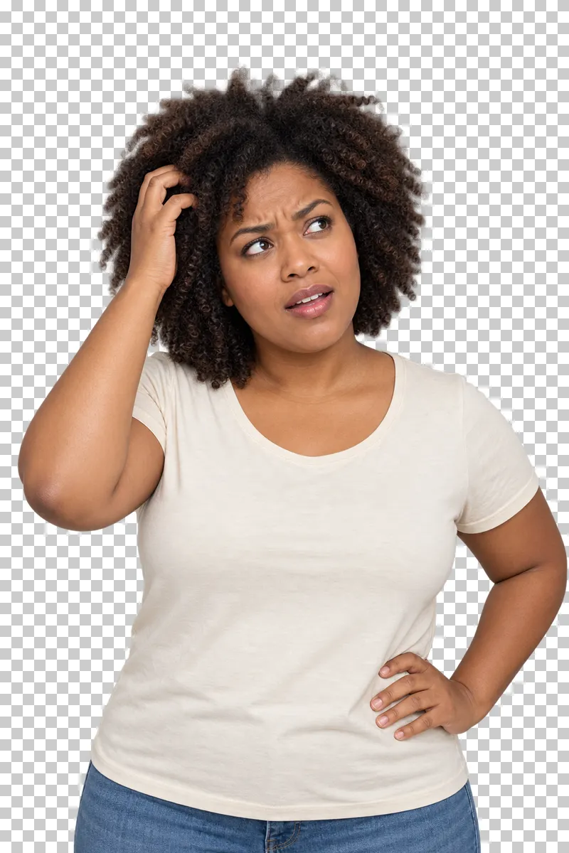 A curly-haired woman in a cream T-shirt scratching her head with a puzzled expression.