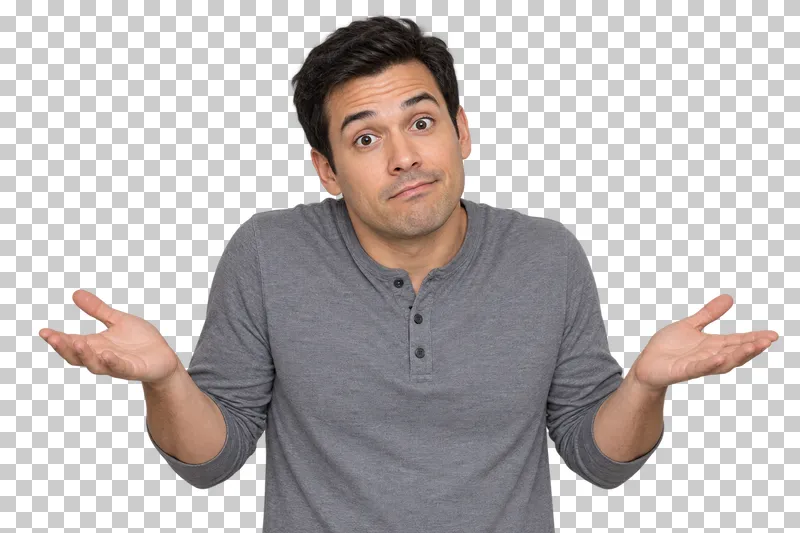 A man in a grey Henley shirt shrugging with both palms turned upward.