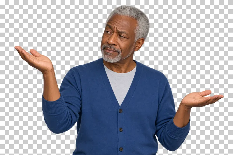 An older silver-haired man in a blue cardigan holding open palms at different heights to weigh two options.