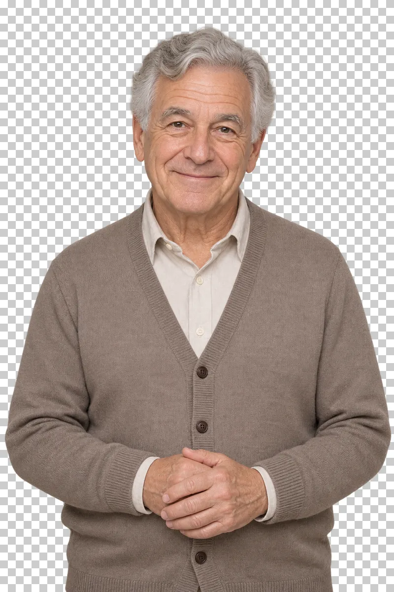 A silver-haired older man in a taupe cardigan with a calm satisfied smile.