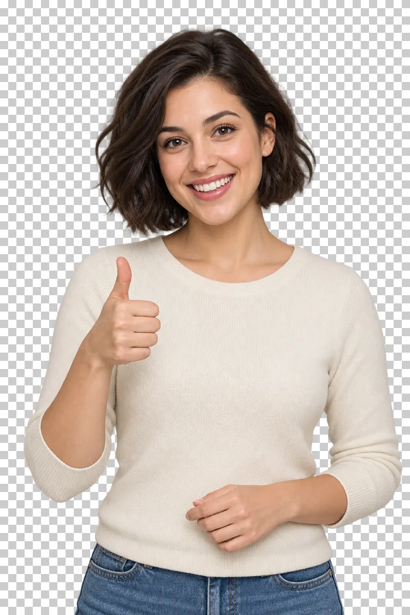A young woman in a cream knit top smiling and giving a thumbs-up.