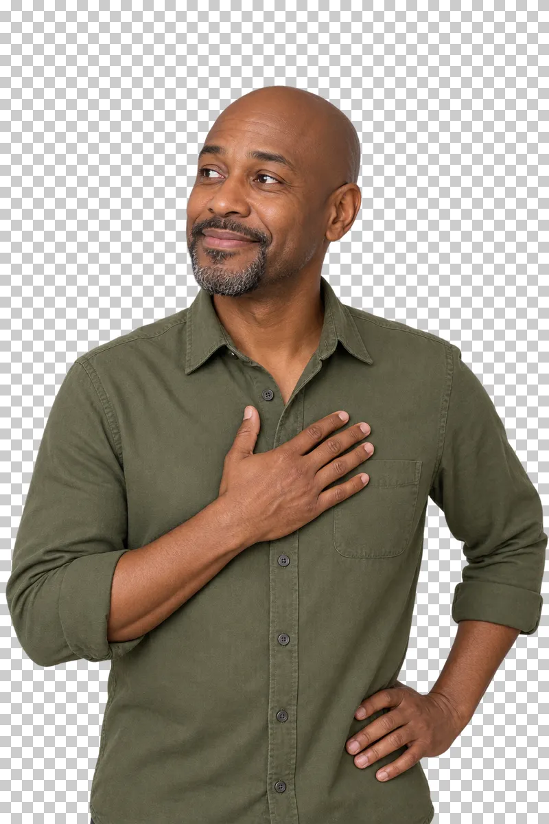 A bald man in an olive shirt resting an open hand on his chest with a relieved expression.