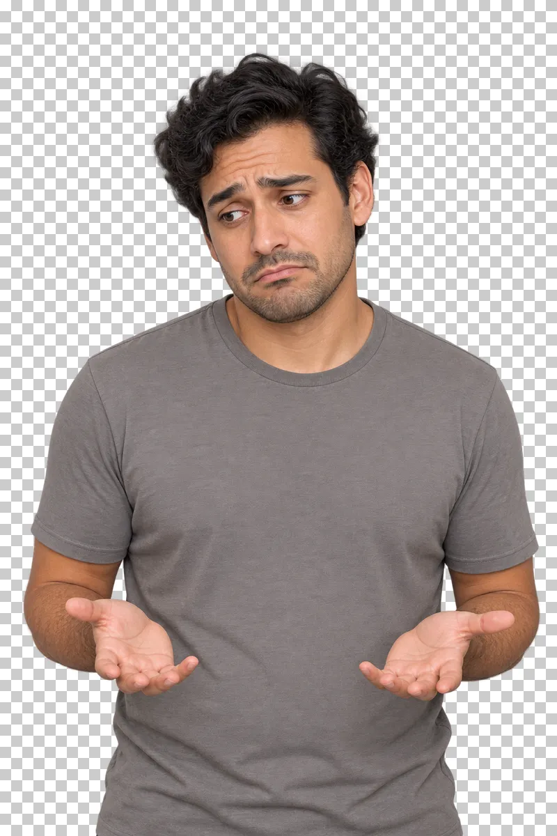 A dark-haired man in a grey T-shirt holding open palms with a disappointed expression.