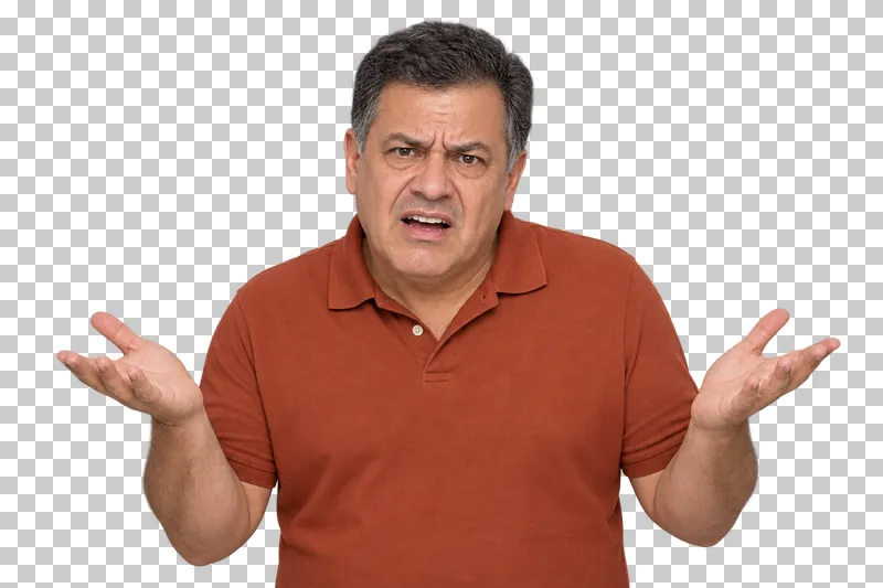 A man in a rust polo shirt showing frustration with furrowed brows and open palms.