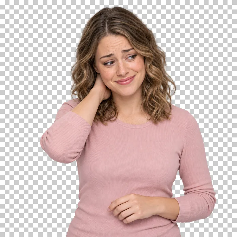 A woman with dark-blonde waves in a pink top touching her neck with an awkward smile.