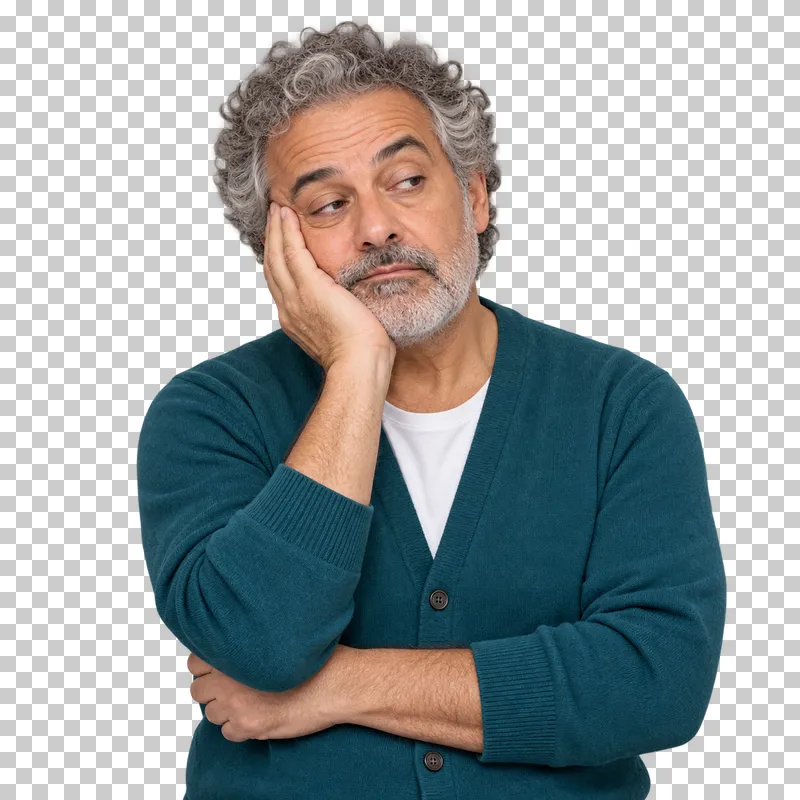 A curly-haired grey-bearded man in a teal cardigan resting his cheek in his hand with a bored expression.