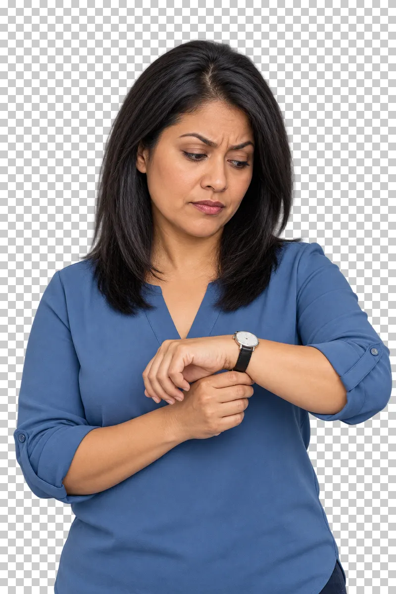 A dark-haired woman in a blue blouse impatiently looking at the watch on her raised wrist.