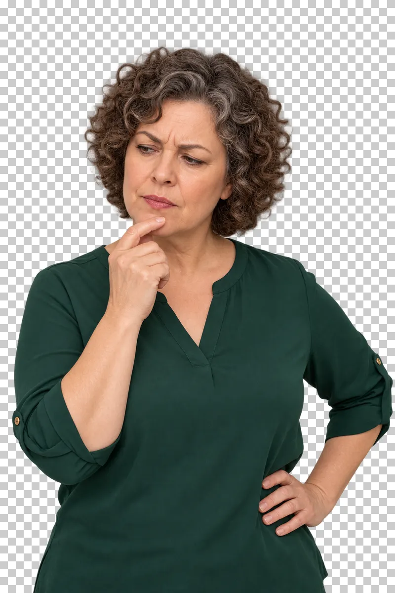 A woman with brown-and-silver curls in a green blouse touching her chin with a focused expression.