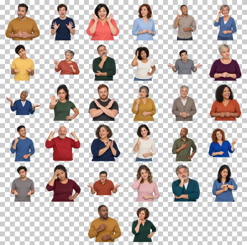 Expressive Reaction People Photo PNG Collection: all 32 elements in one grid