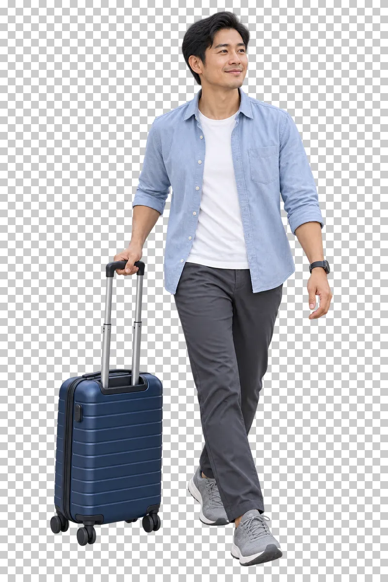 A full-body traveler pulling a complete cabin suitcase.