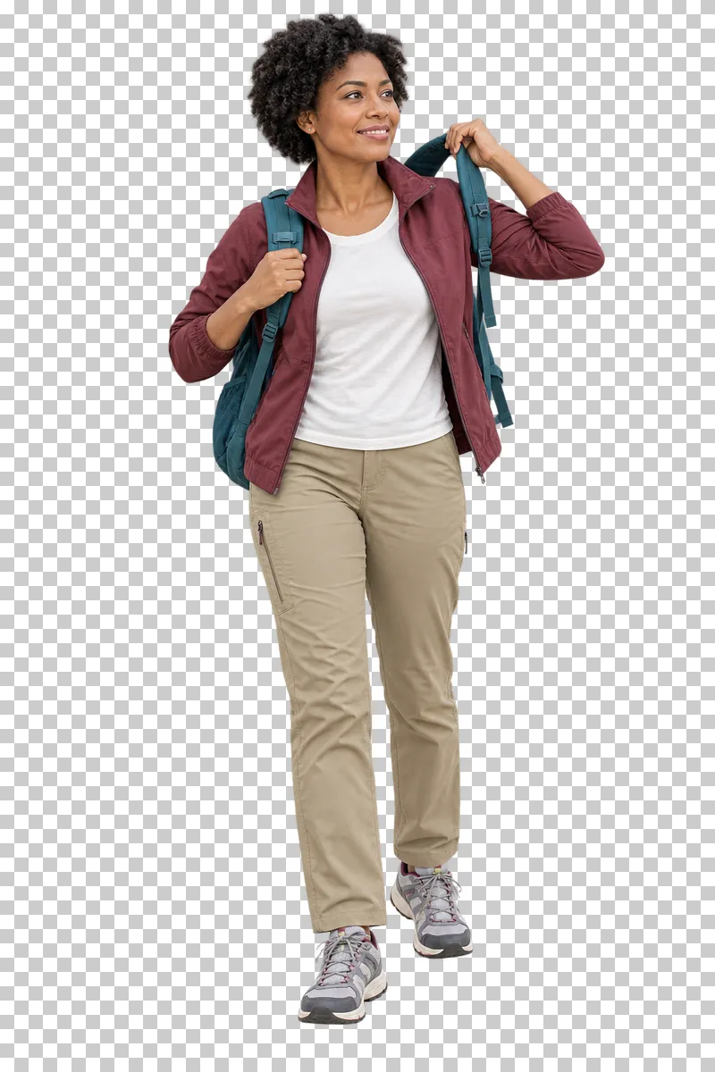 A full-body traveler putting on a backpack by its shoulder strap.