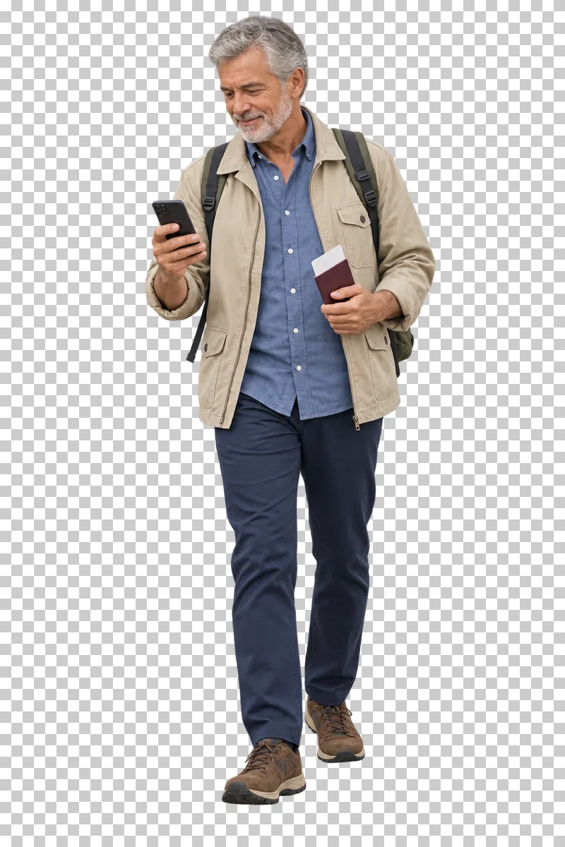 A senior traveler checking a phone with blank travel documents in the other hand.