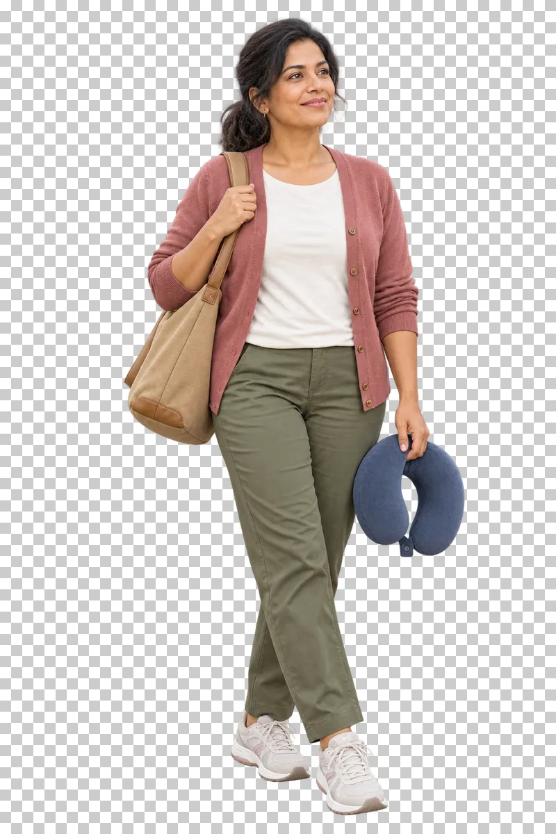 A traveler carrying a shoulder bag and a travel neck pillow.