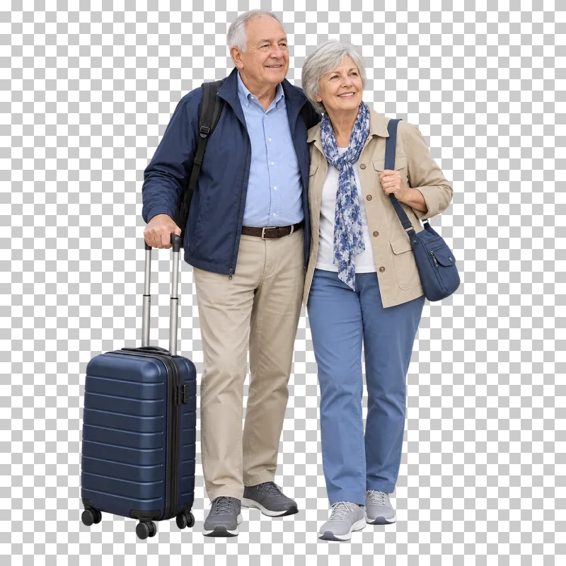A senior couple standing beside one complete cabin suitcase.