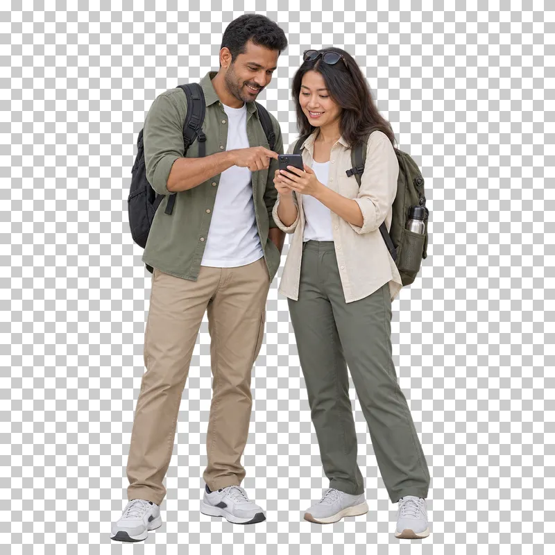 An adult couple planning a route together on one phone.