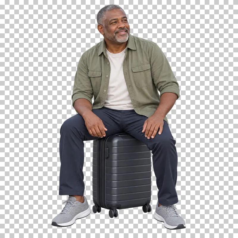 An adult traveler sitting on his own hard-shell suitcase.