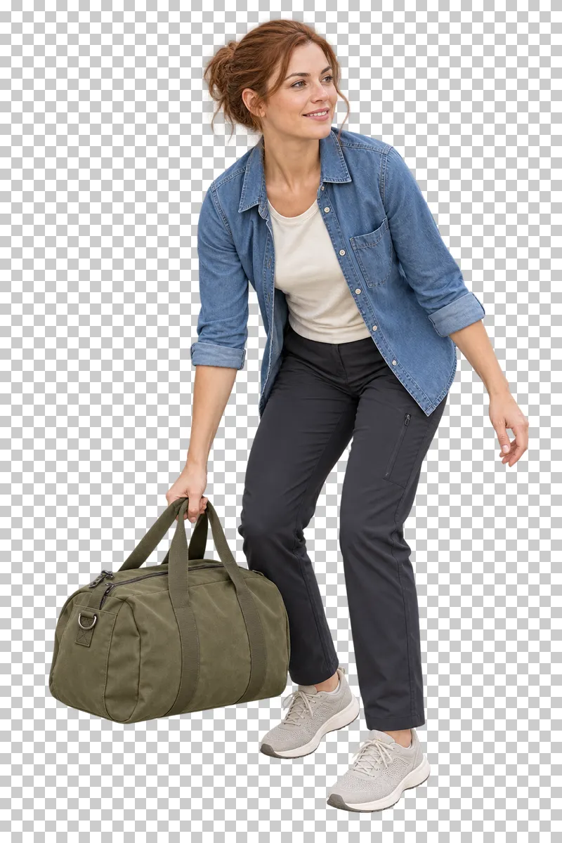 A traveler lifting a complete canvas weekend bag by its handles.