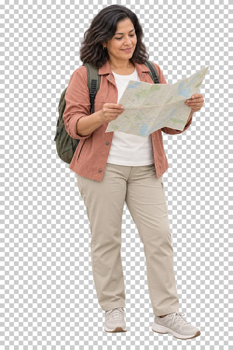 A tourist reading an unfolded paper map without place labels.