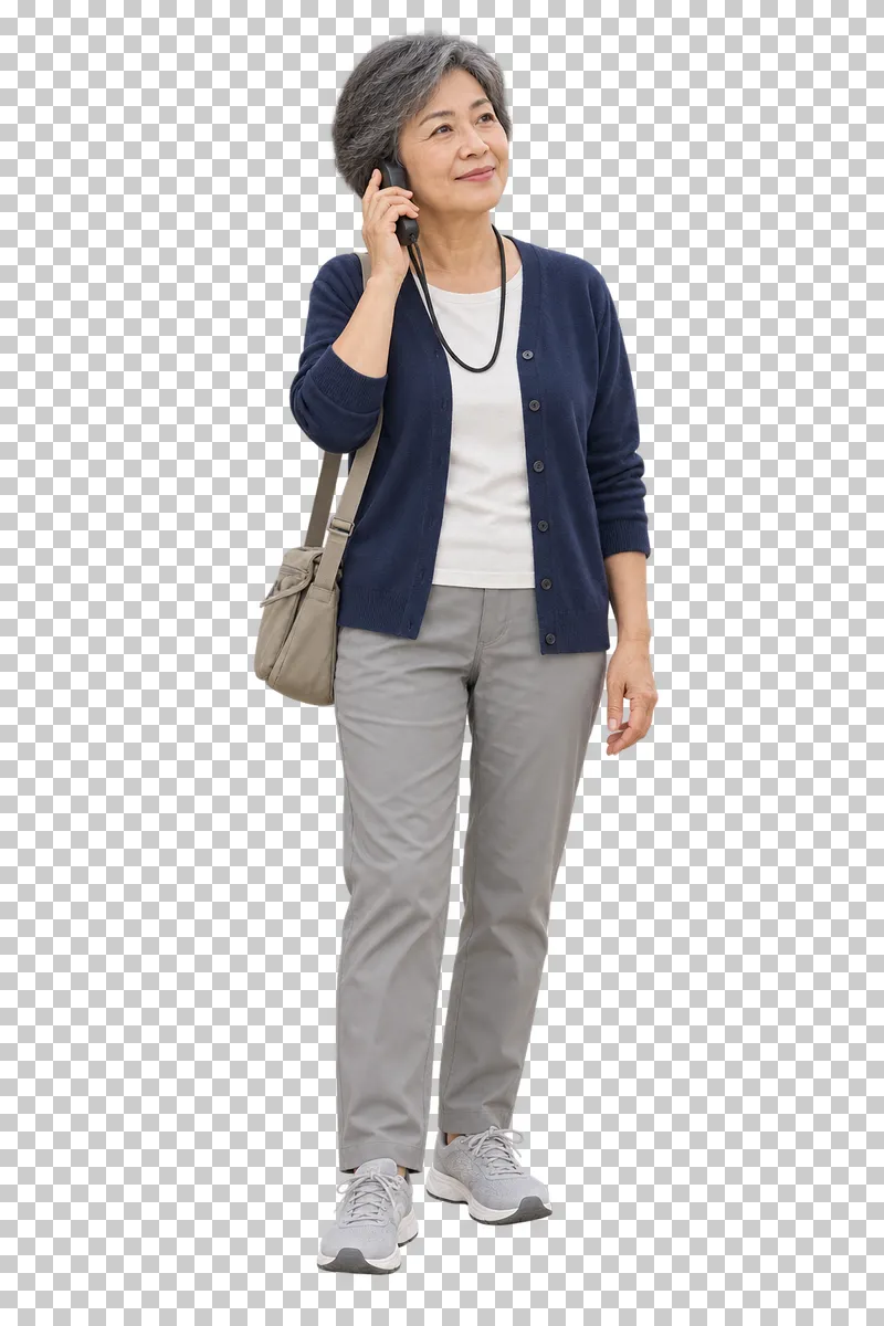 A senior tourist listening to a handheld audio guide.