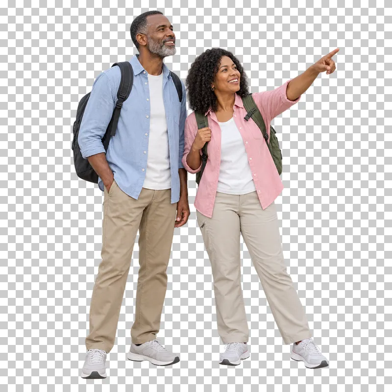 An adult couple looking toward a distant point indicated by one person.