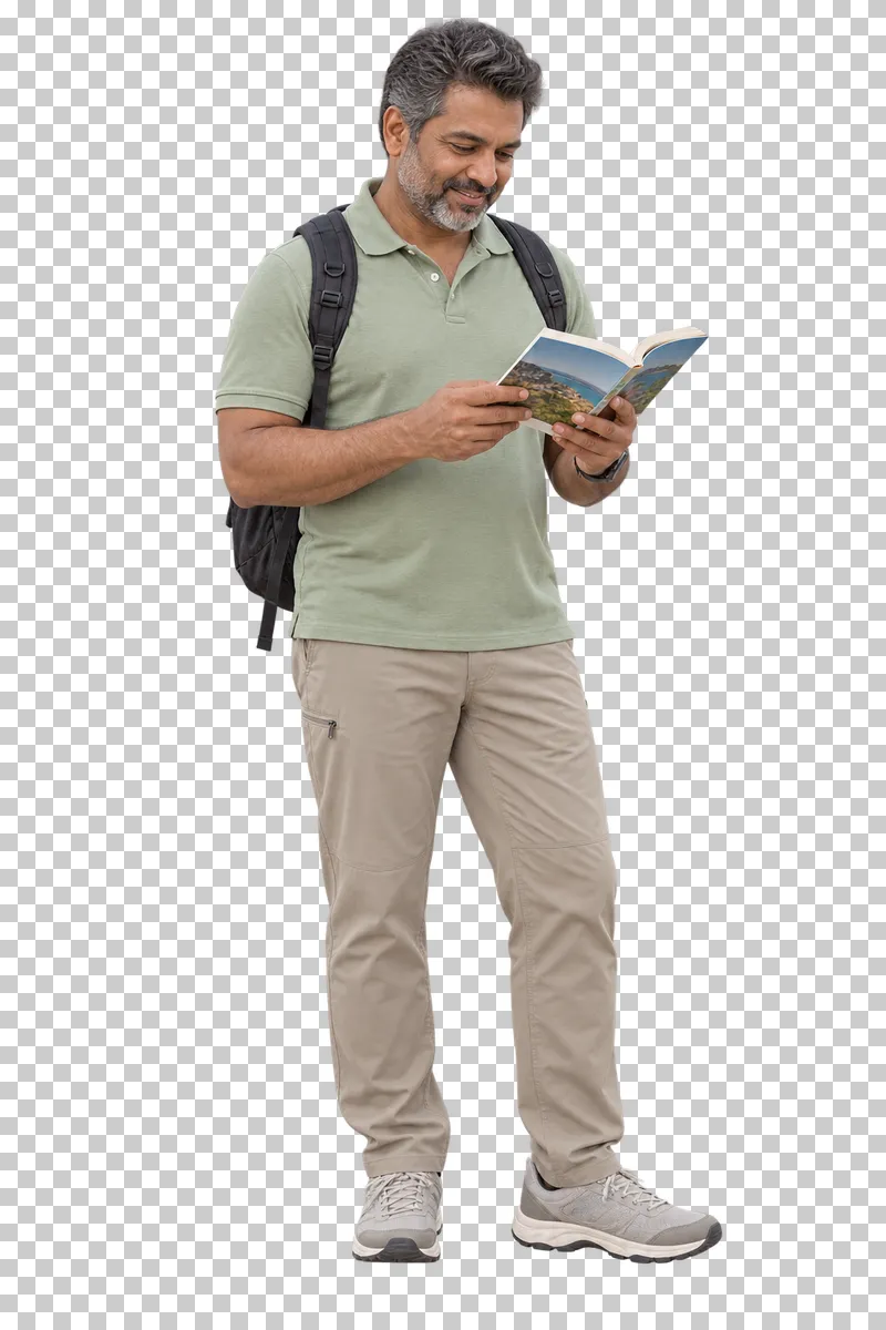 A tourist browsing an open travel guidebook.