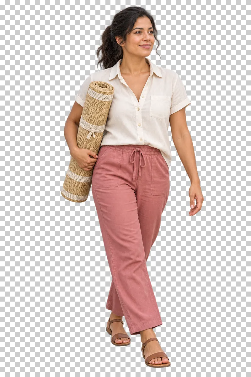 An adult holidaymaker carrying a rolled woven beach mat.