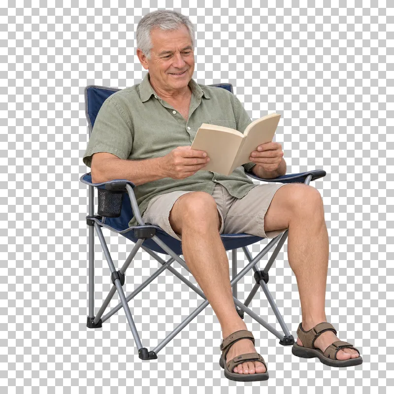 A senior holidaymaker reading a paperback in a complete folding chair.