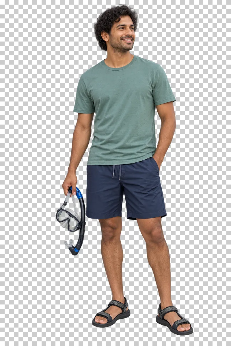 A holidaymaker holding a complete snorkeling mask with its strap and snorkel.